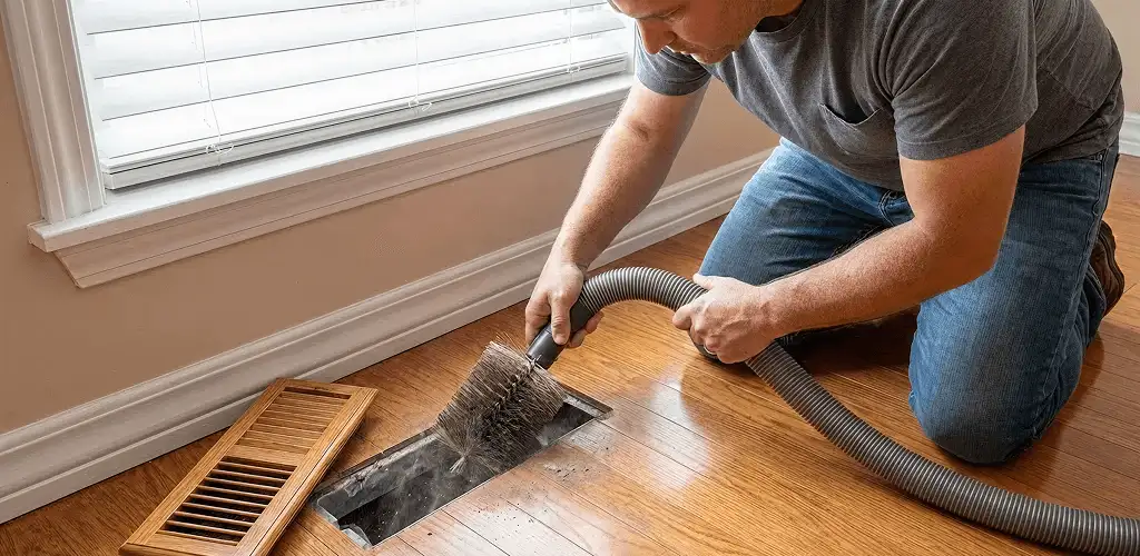 Air duct cleaning technician vacuuming a floor vent and duct opening in Yonkers, NY