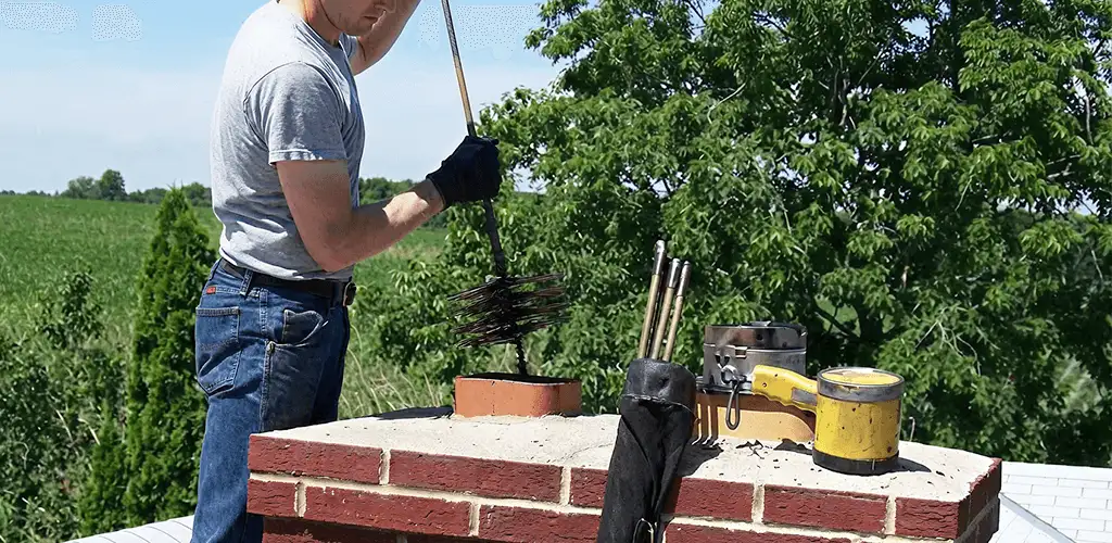Chimney cleaning technician working on a rooftop chimney with professional tools in Yonkers, NY