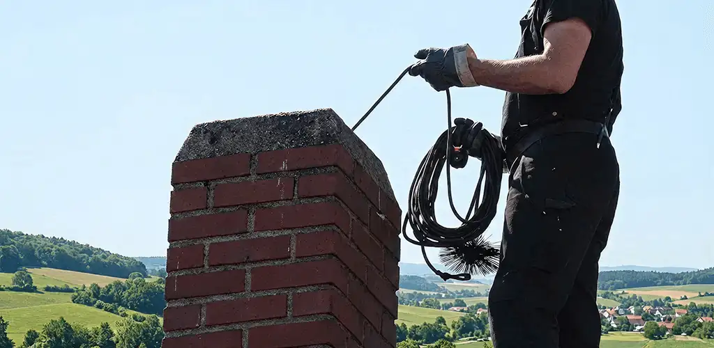 Chimney sweep inspecting and cleaning a rooftop chimney in Yonkers, NY