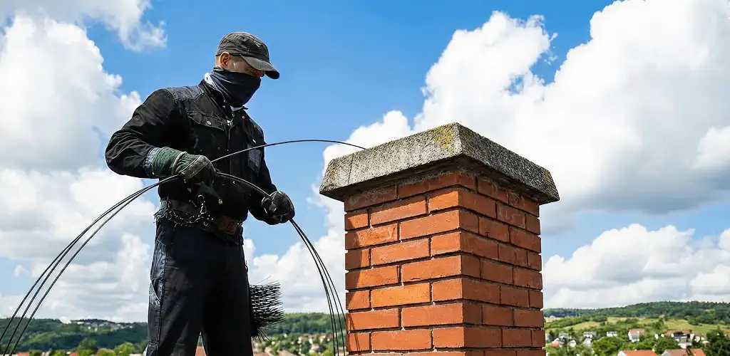 Chimney sweep cleaning a brick chimney with professional tools in Yonkers, NY