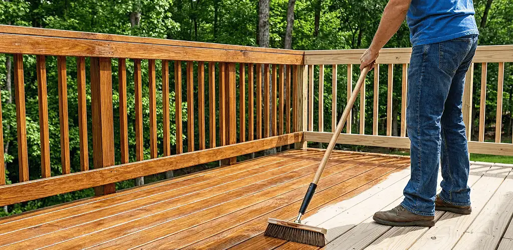 Deck staining and sealing application on a wood deck in Yonkers, NY