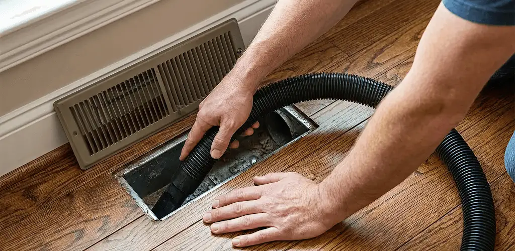 Air duct cleaning technician vacuuming a floor register and duct opening in Yonkers, NY