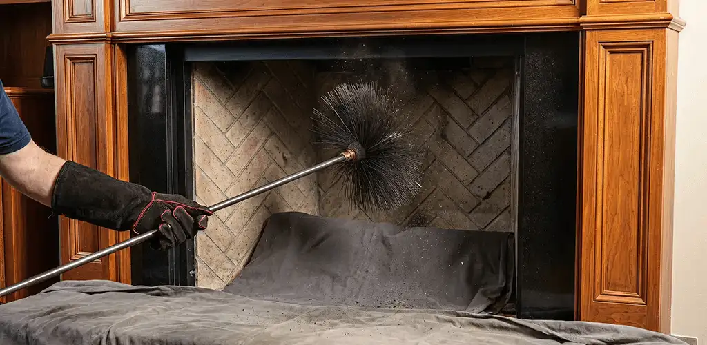 Chimney cleaning service brushing soot from a fireplace and flue in Yonkers, NY