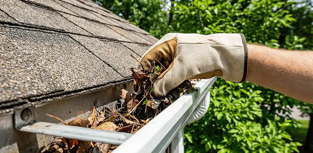 Gutter cleaning removing leaves and debris from roof gutters in Yonkers, NY