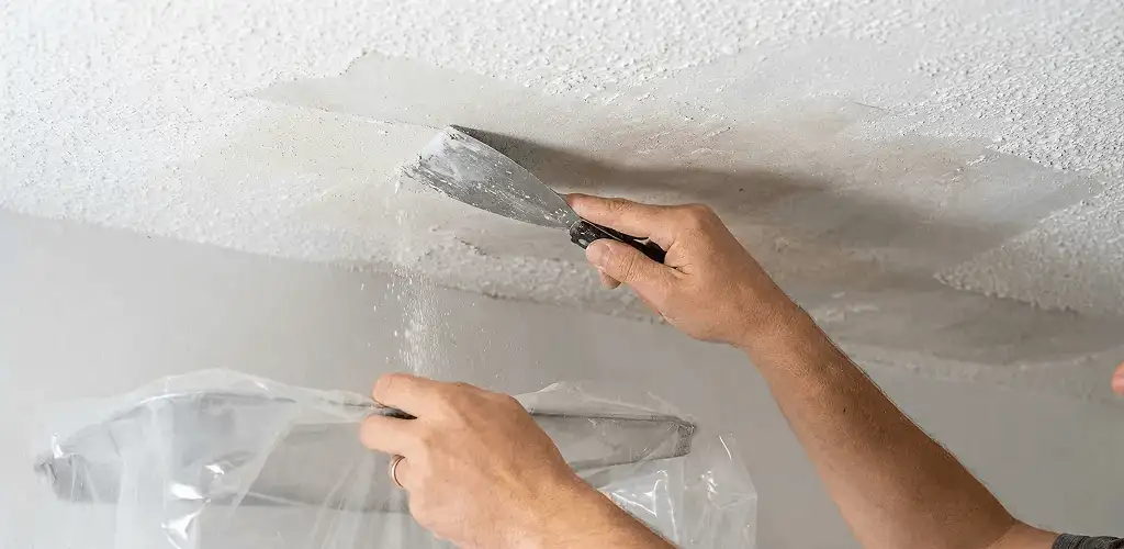 Popcorn ceiling removal technician scraping texture from a ceiling in Yonkers, NY