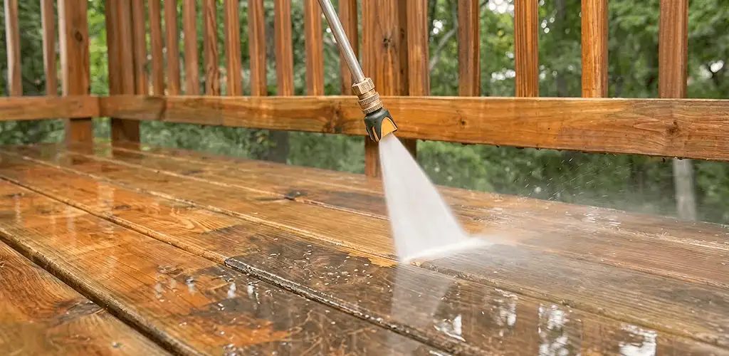 Pressure washing a wood deck to remove dirt and buildup in Yonkers, NY