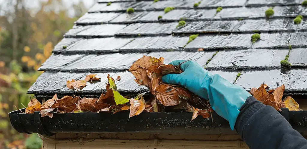 Gutter cleaning technician clearing wet leaves from roof gutters in Yonkers, NY