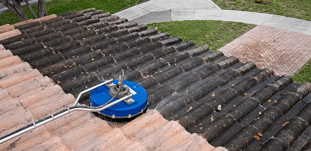 Roof pressure cleaning removing debris and buildup from roof tiles in Yonkers, NY