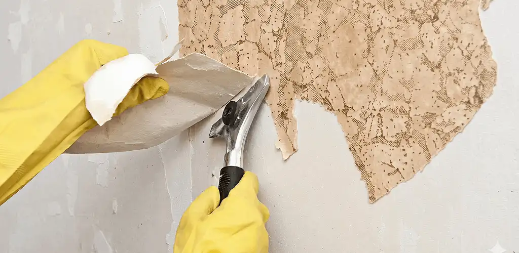 Wallpaper removal service stripping old wallpaper from a wall in Yonkers, NY
